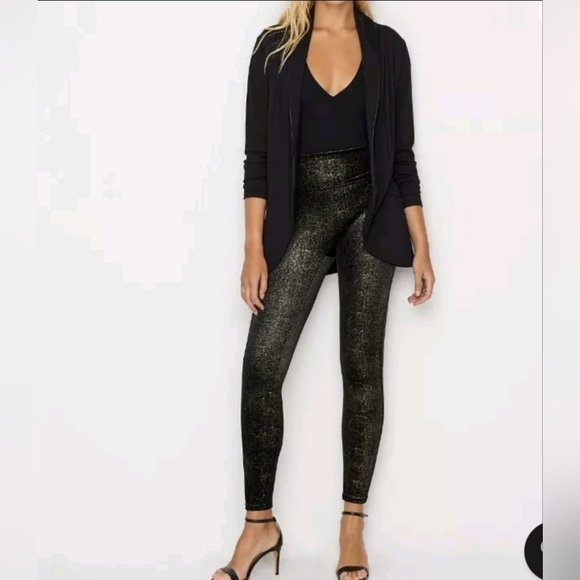 Spanx Leggings Metallic Shine Velvet Shimmer High Waist Pants Black Gold SIZE L - Picture 1 of 6